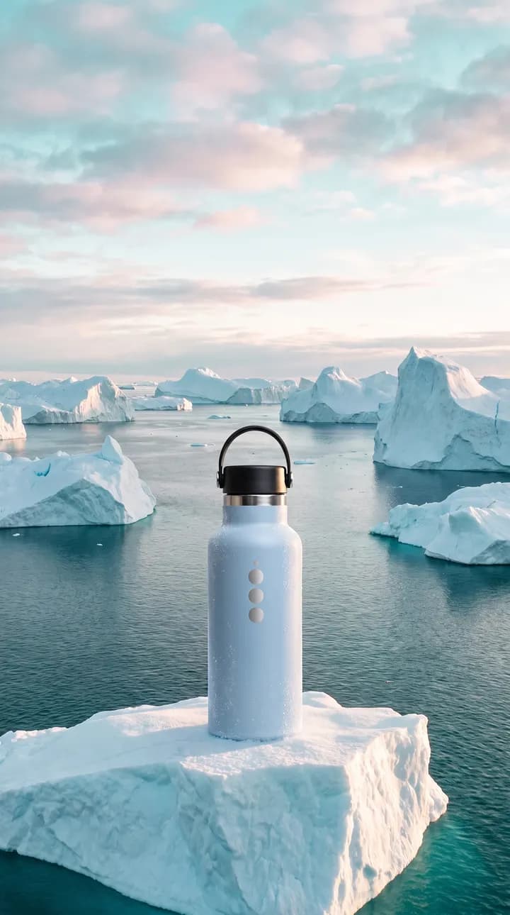 Imagen vertical generada con IA: una botella sobre un bloque de hielo entre icebergs.