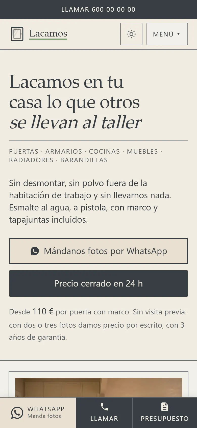 La misma web de lacado en un móvil, con los botones de WhatsApp, llamar y presupuesto abajo.