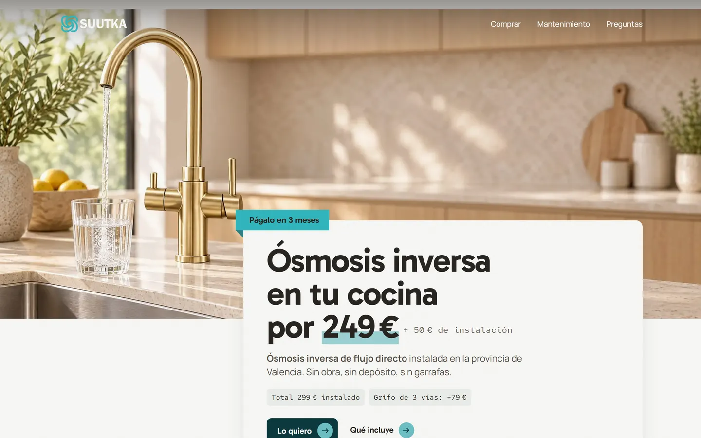 Portada de una tienda de ósmosis inversa: un grifo dorado en una cocina y el precio del equipo instalado.