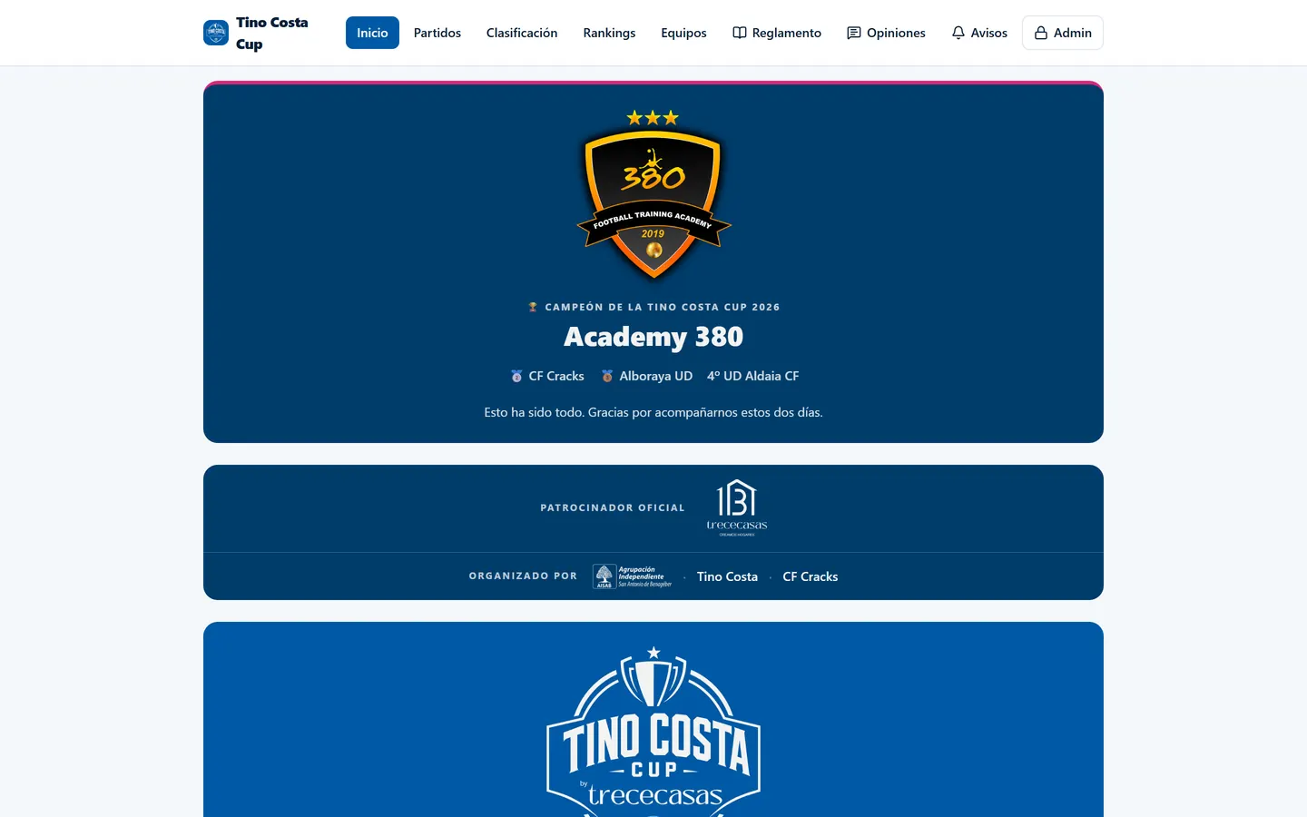Portada de la web de un torneo de fútbol: el campeón y el podio en tarjetas azules.