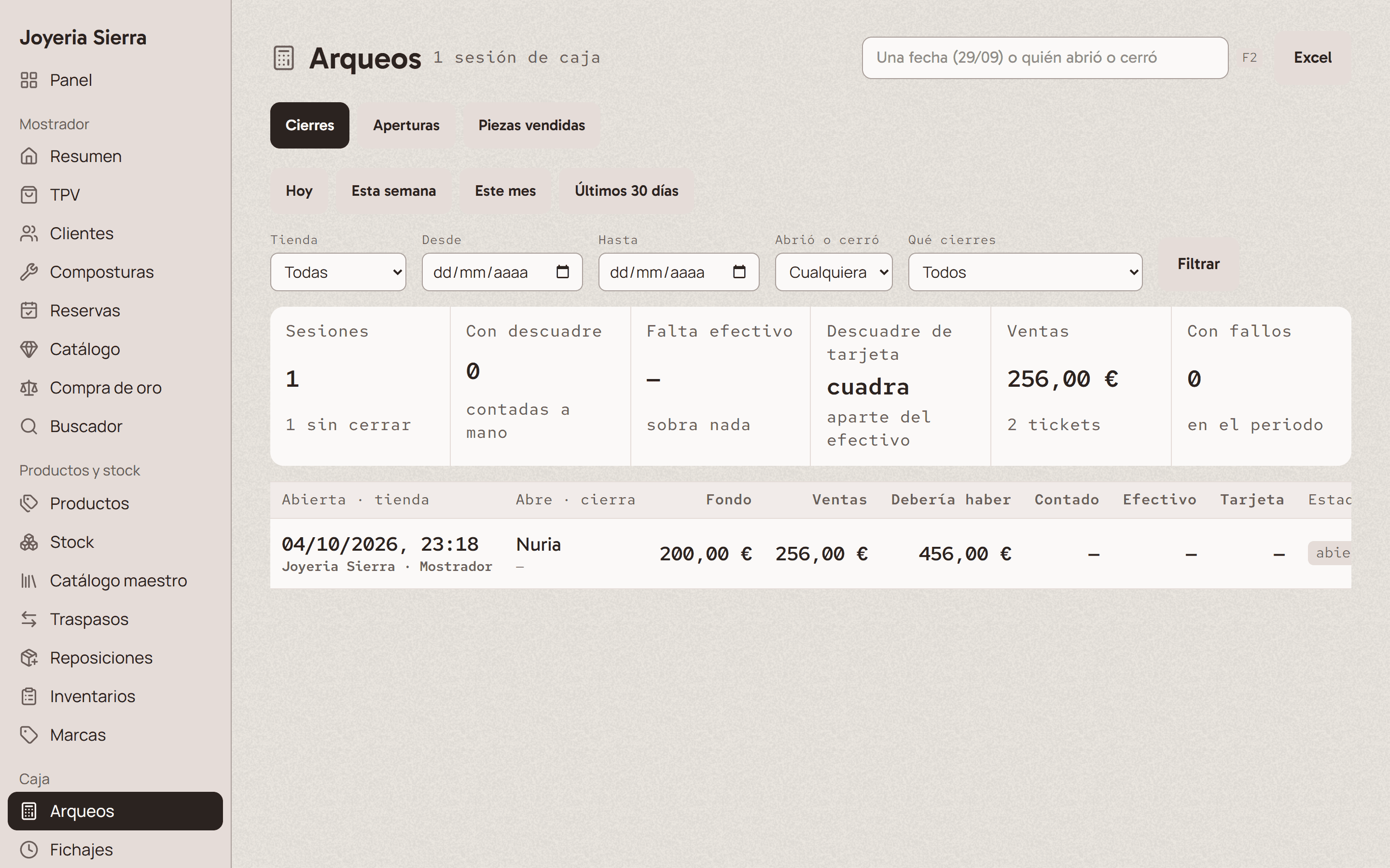 Arqueos de caja en el panel de Sierra Retail: fondo, ventas y lo que debería haber.