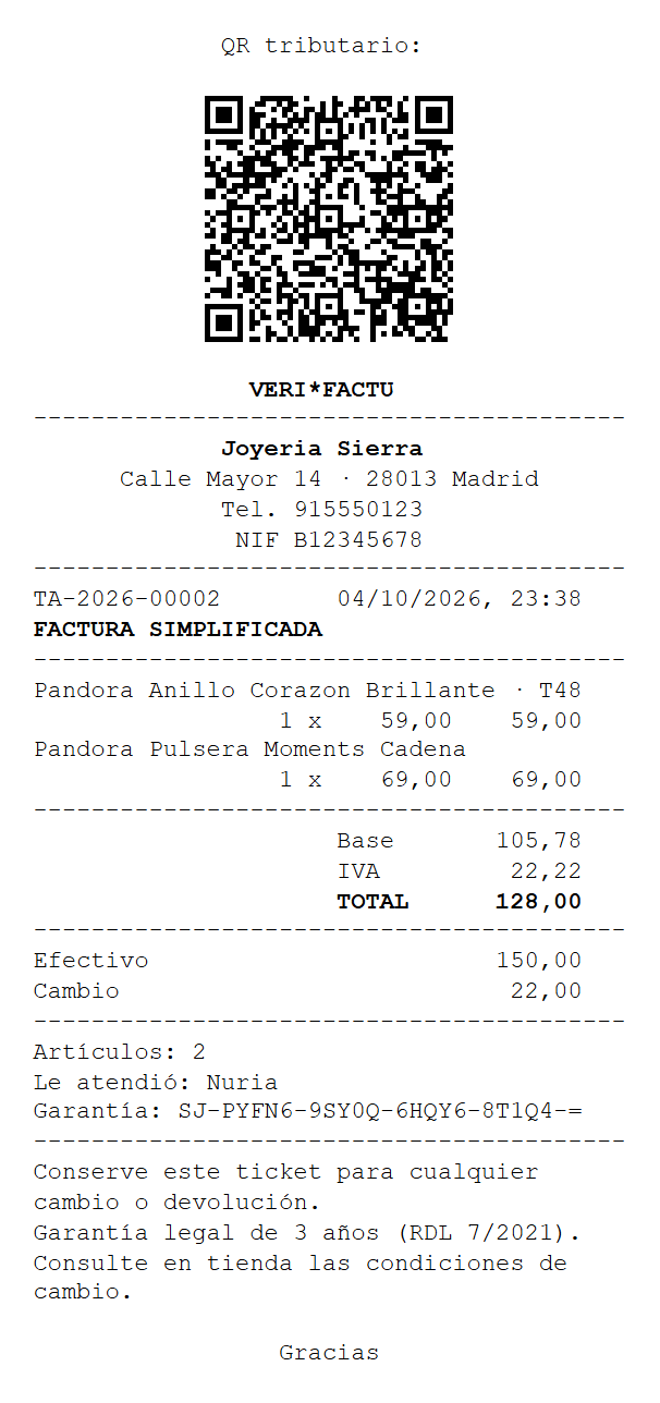 Ticket de 80 mm de Sierra Retail: QR tributario VeriFactu, factura simplificada con dos piezas Pandora, total de 128 euros pagado en efectivo y código de garantía.